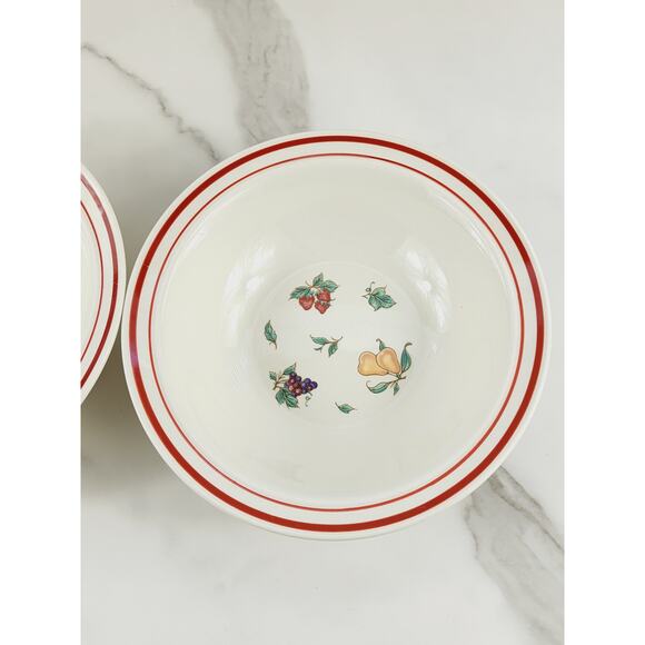 Stone Ware Cereal Bowl 7" Fruit Design Strawberry Grapes Pear Cream Red Trim x2 - Picture 4 of 12